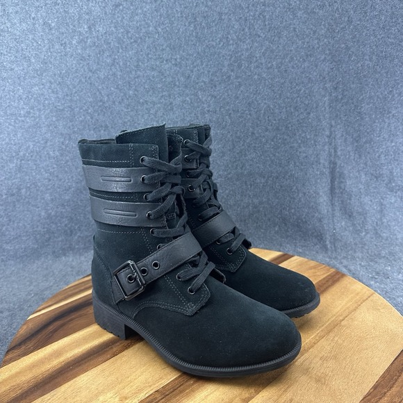 UGG Zia Black Suede Shearling Buckle Strap Waterproof Combat Boots Womens Sz 6.5 - Picture 2 of 10